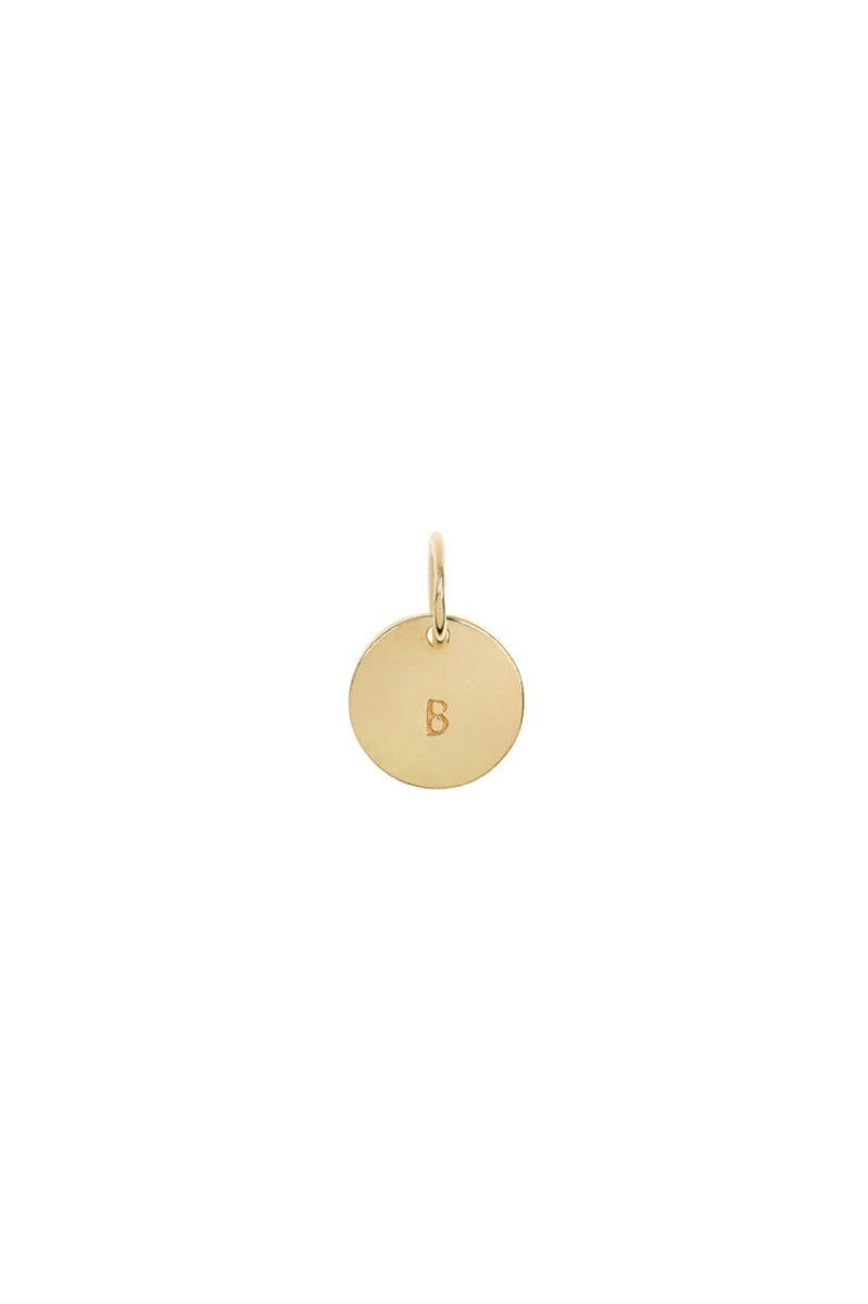 A 10mm personalised initial pendant with a single letter within a round pendant. This pendant has Gold Vermeil plating.