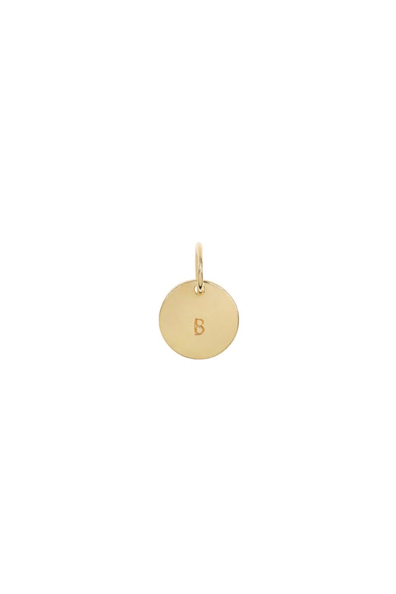 A 10mm personalised initial pendant with a single letter within a round pendant. This pendant has Gold Vermeil plating.