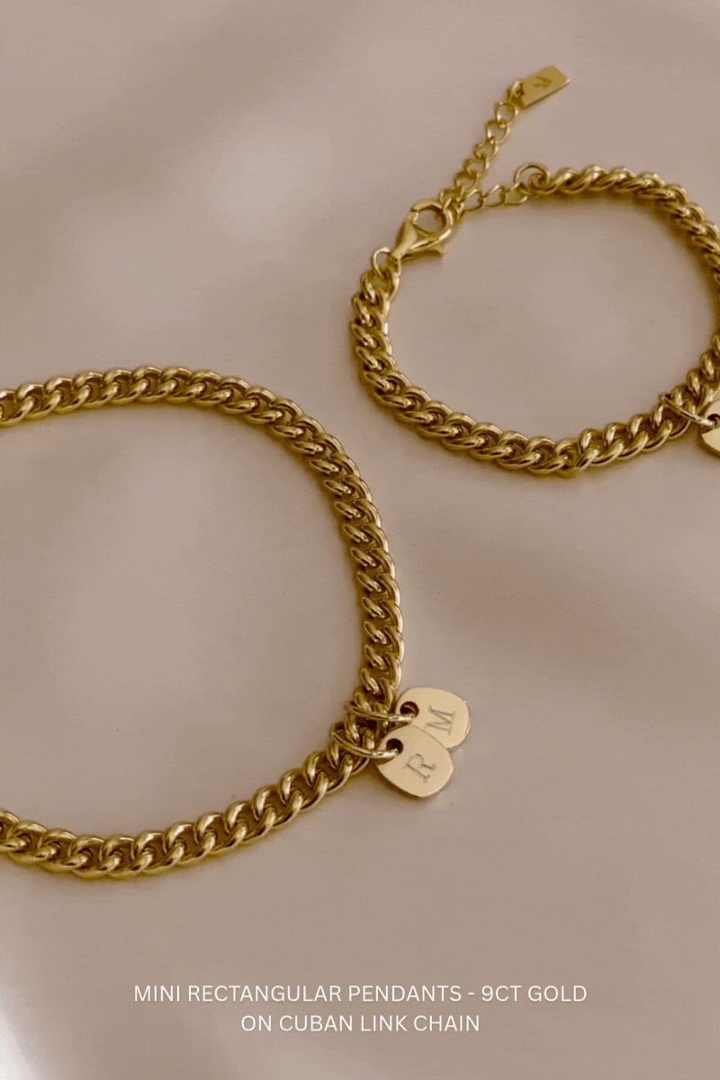 Bluebird Co cuban link bracelet with 9ct gold rectangular letter pendant