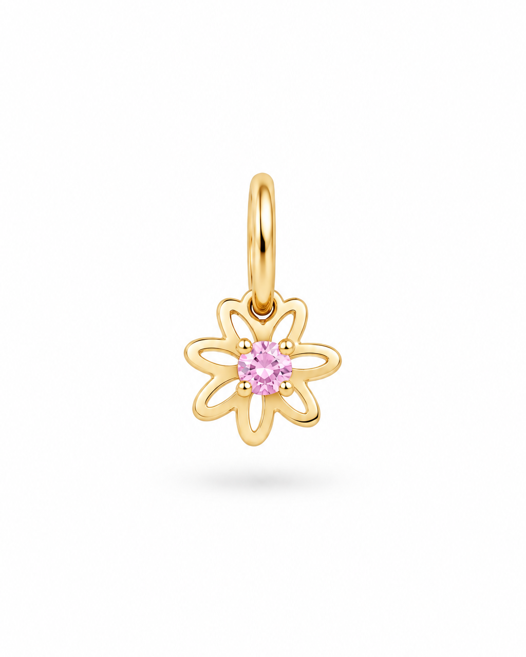 A Daisy Pendant with Pink Cubic Zirconia in the centre of it.