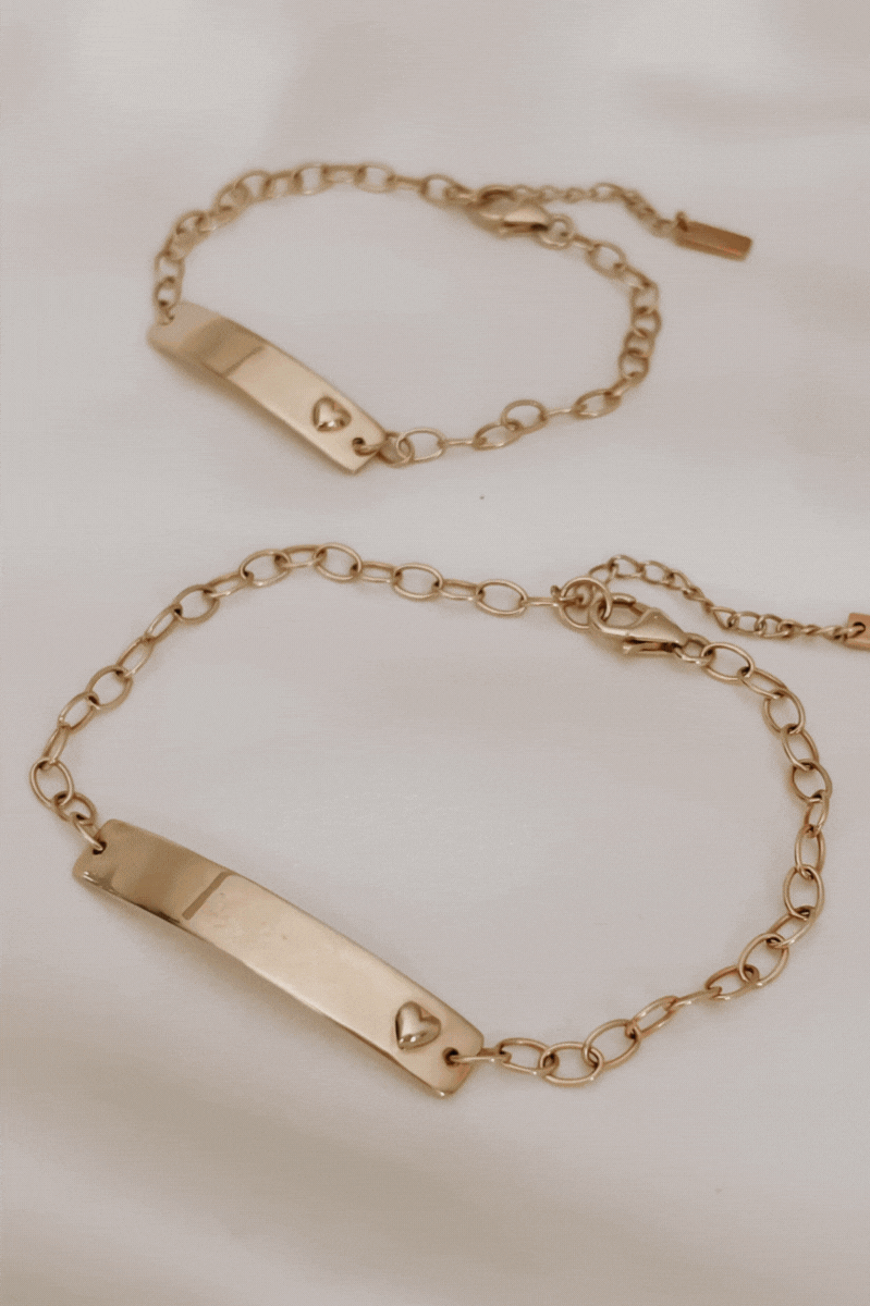 The Bluebird Jewellery Darling Bracelet, a solid 9ct gold design with personalised engraving, crafted to grow with the wearer and hold meaning for years to come.