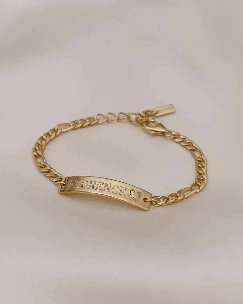 Engraved gold bracelet with heart detail—personalised keepsake jewellery for babies, kids, or meaningful gift-giving moments by Bluebird Jewellery.
