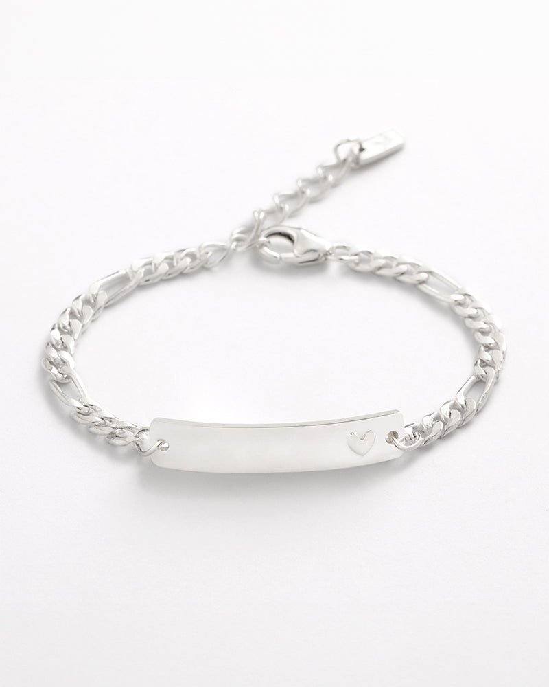 Darling Bracelet in silver with heart detail and engravable plate, designed as a timeless keepsake gift by Bluebird Jewellery.