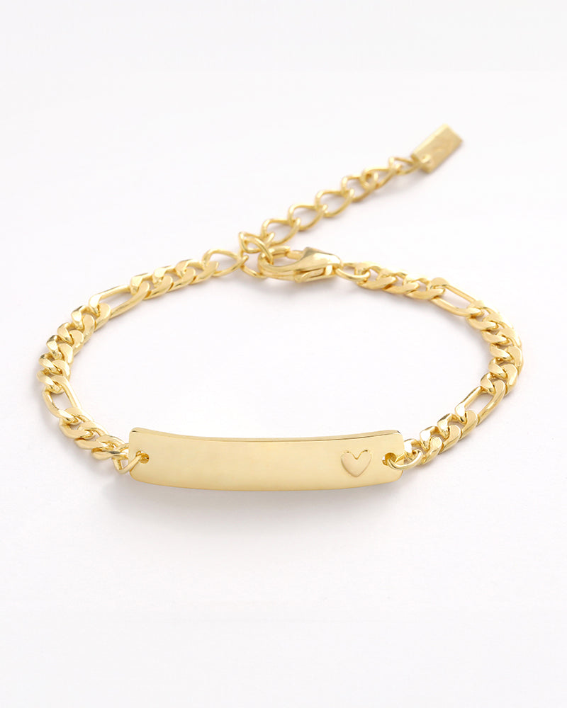 The Darling Bracelet in gold with heart detail, ready for engraving—personalised keepsake jewellery for babies, kids, or adults by Bluebird Jewellery.