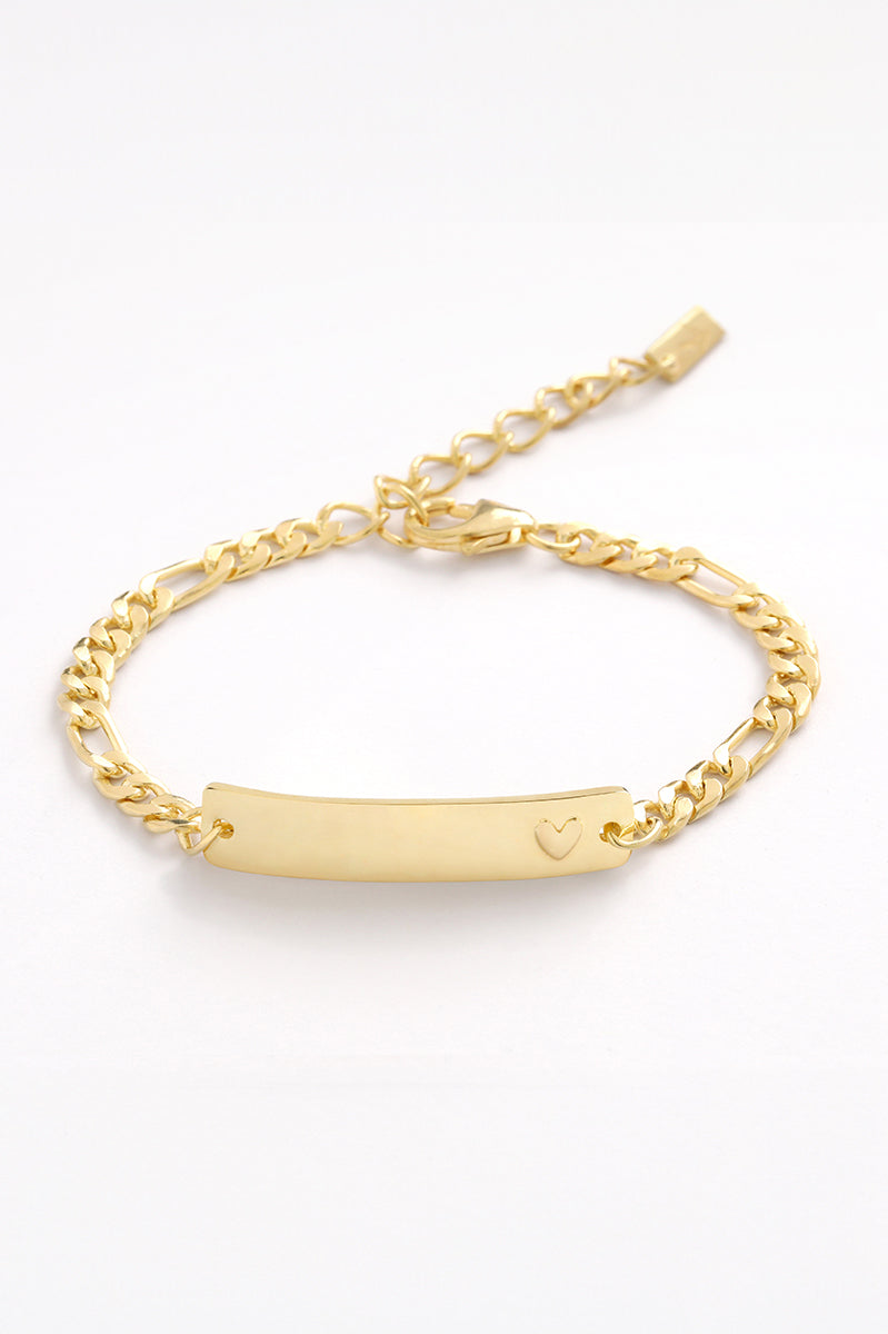 The Darling Bracelet in gold with heart detail, ready for engraving—personalised keepsake jewellery for babies, kids, or adults.