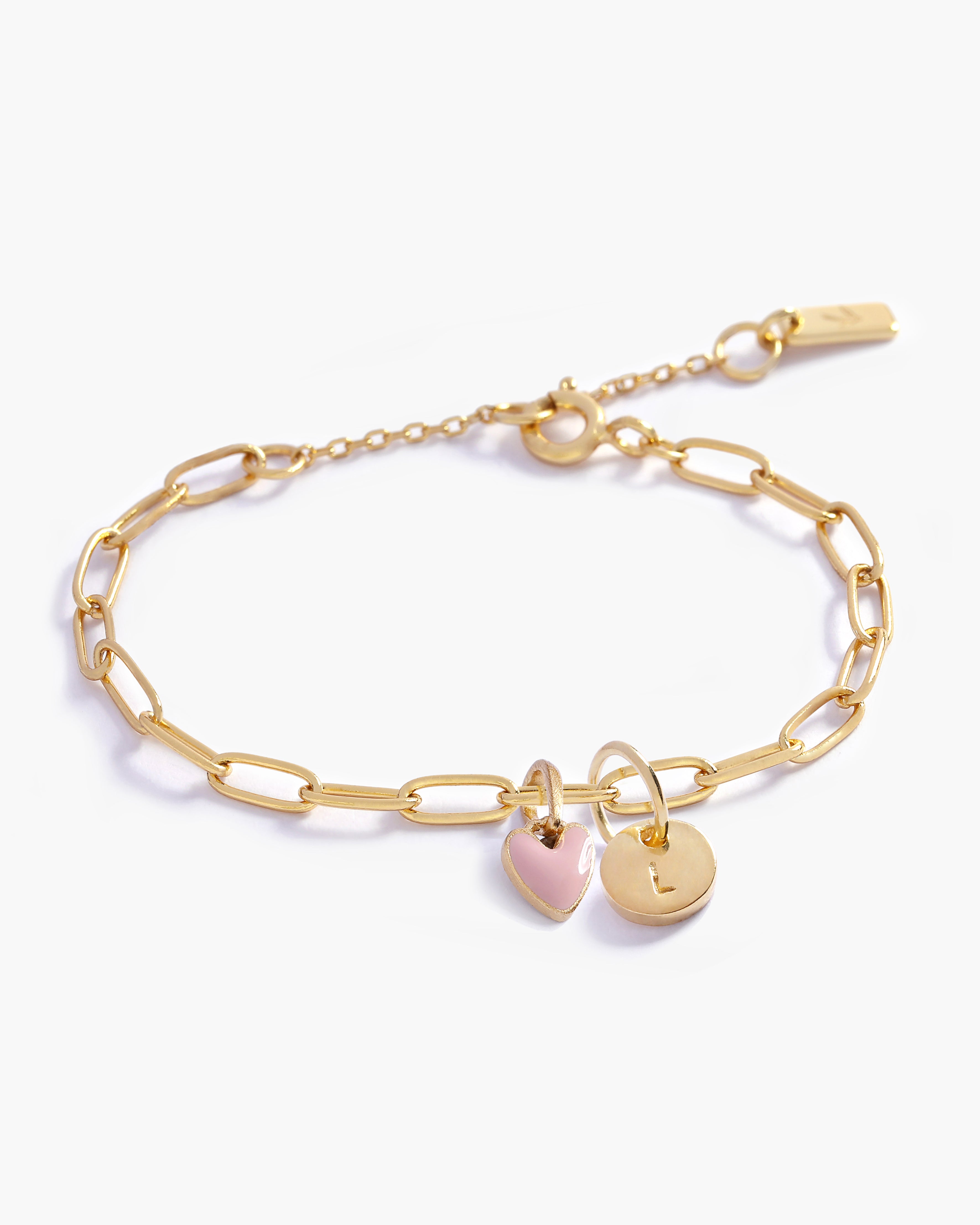 Gold chain bracelet with heart-shaped and round pendants by Bluebird Jewellery