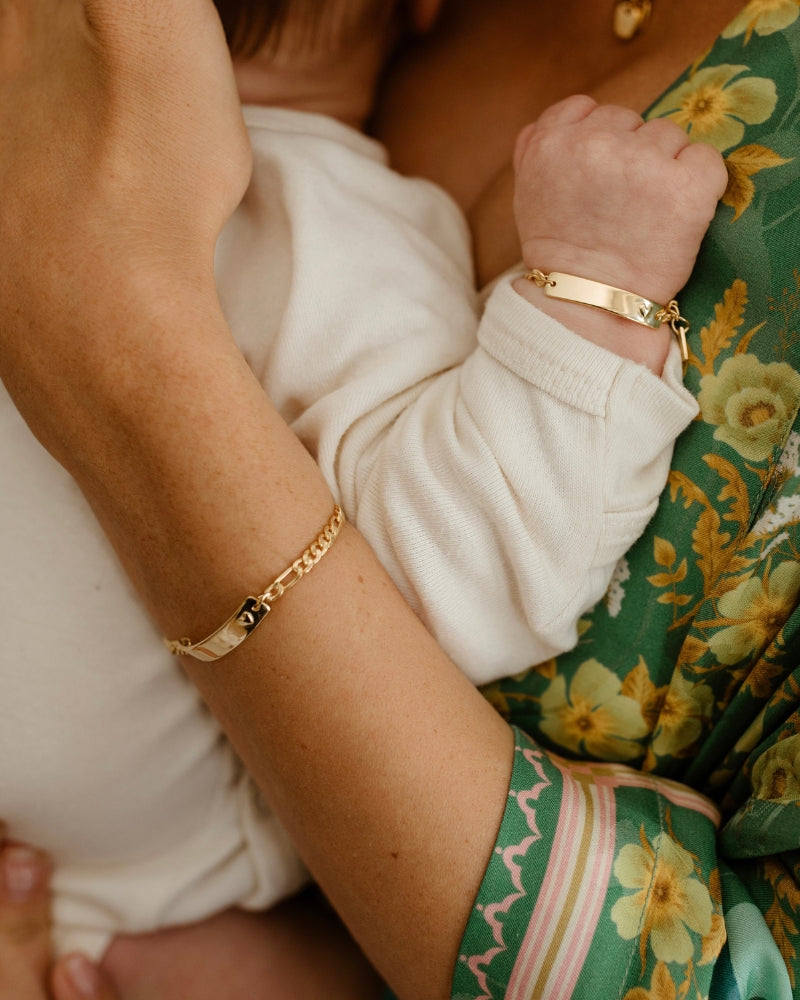 Matching personalised gold bracelets for mum and baby – thoughtful family jewellery designed in Australia by Bluebird Co