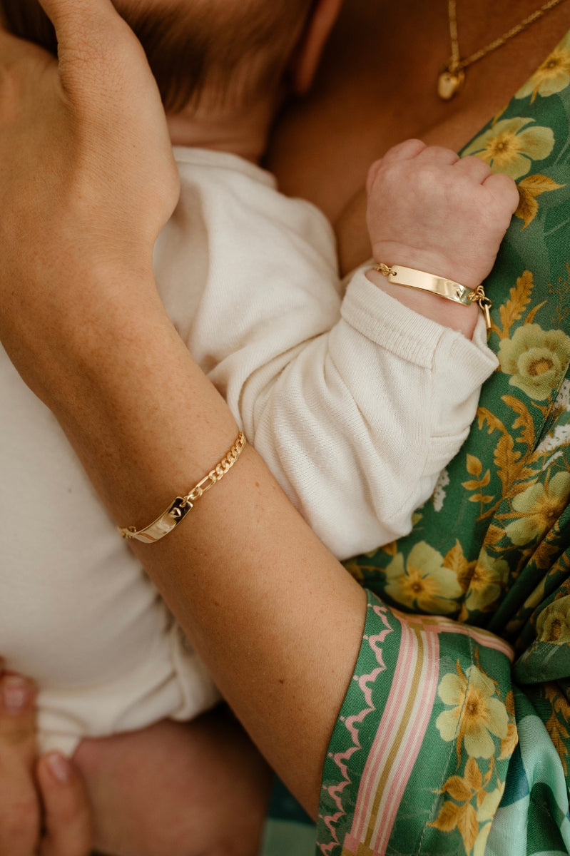 Matching personalised gold bracelets for mum and baby – thoughtful family jewellery designed in Australia.