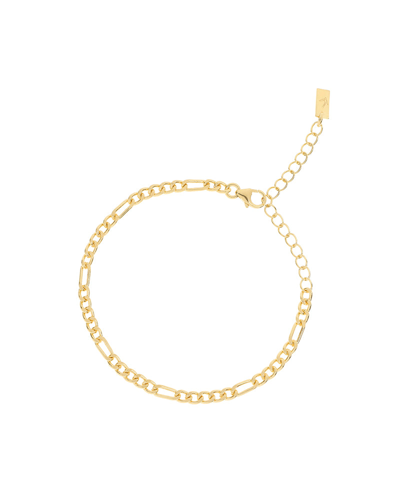 A Figaro Bracelet with Bluebird Co logo on it. These can be worn by babies, children and adults and can be personalised by adding initial pendants.