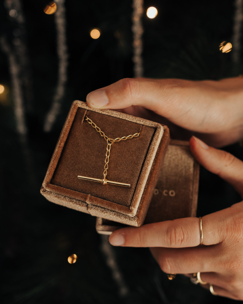A gold Fob necklace is resting inside a Bluebird Co velvet gift box and a woman's hands are holding the gift box.