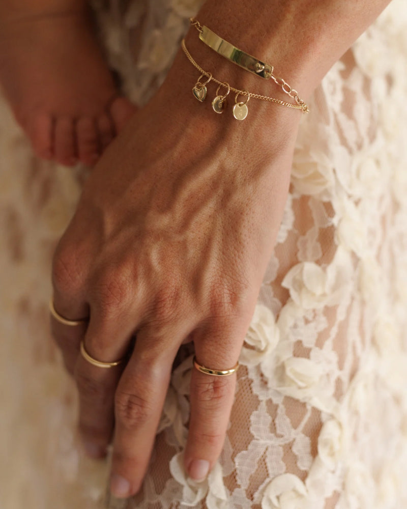 Solid Gold Bracelet with Solid Gold Mini Heart Pendant and Solid Gold Petite Initial Pendants