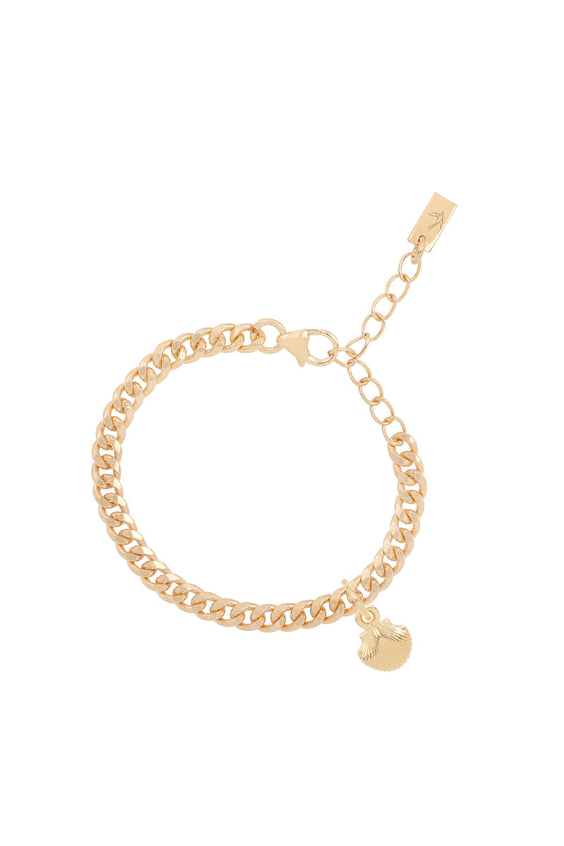 A close-up of a gold Cuban Link Chain Bracelet adorned with a mermaid shell charm, photographed on a white background to highlight its elegant detailing by Bluebird Jewellery.