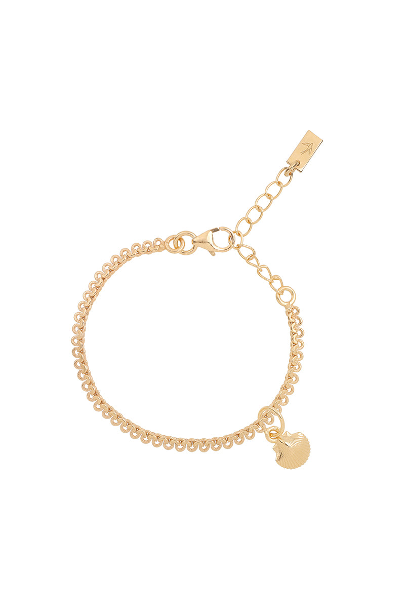 A detailed image of a gold Lace Chain bracelet with a mermaid shell charm, designed as an elegant and whimsical piece of jewellery by Bluebird Co