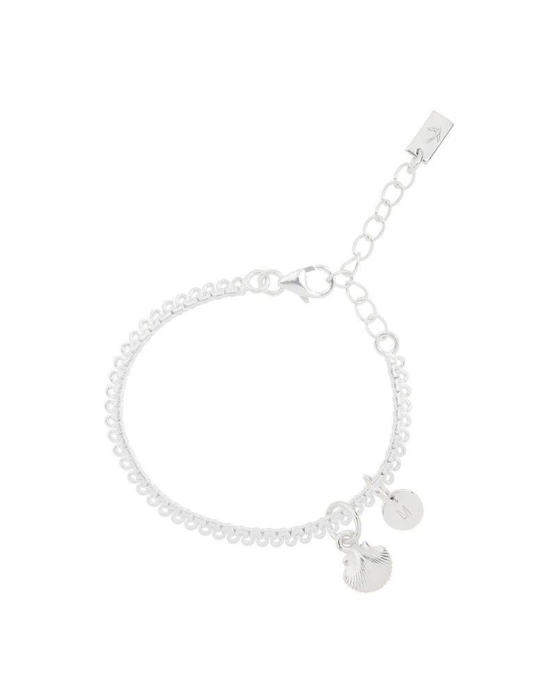 A detailed image of a silver Lace Chain Anklet with a mermaid shell charm and personalised pendant, designed as an elegant and whimsical piece of jewellery.
