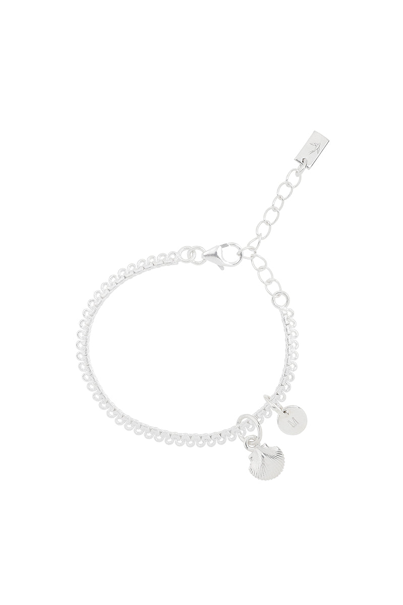 A detailed image of a silver Lace Chain Anklet with a mermaid shell charm and personalised pendant, designed as an elegant and whimsical piece of jewellery.