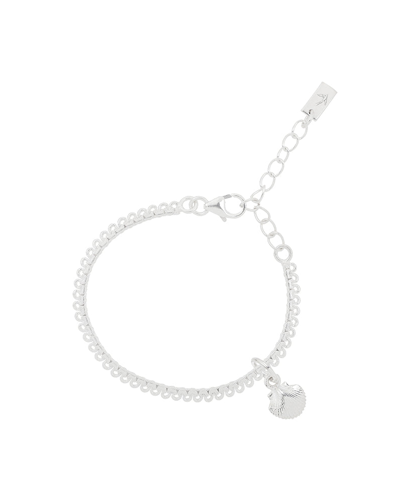 A detailed image of a silver Lace Chain Anklet with a mermaid shell charm, designed as an elegant and whimsical piece of jewellery.