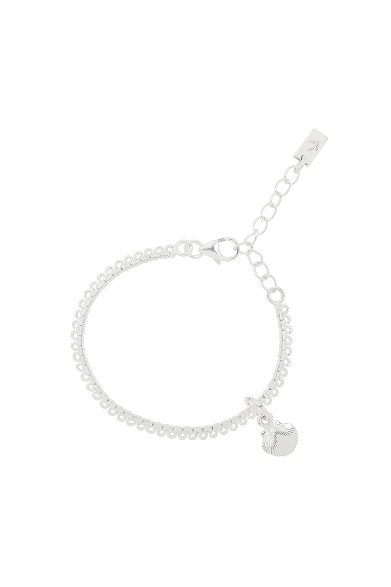 A detailed image of a silver Lace Chain Anklet with a mermaid shell charm, designed as an elegant and whimsical piece of jewellery.