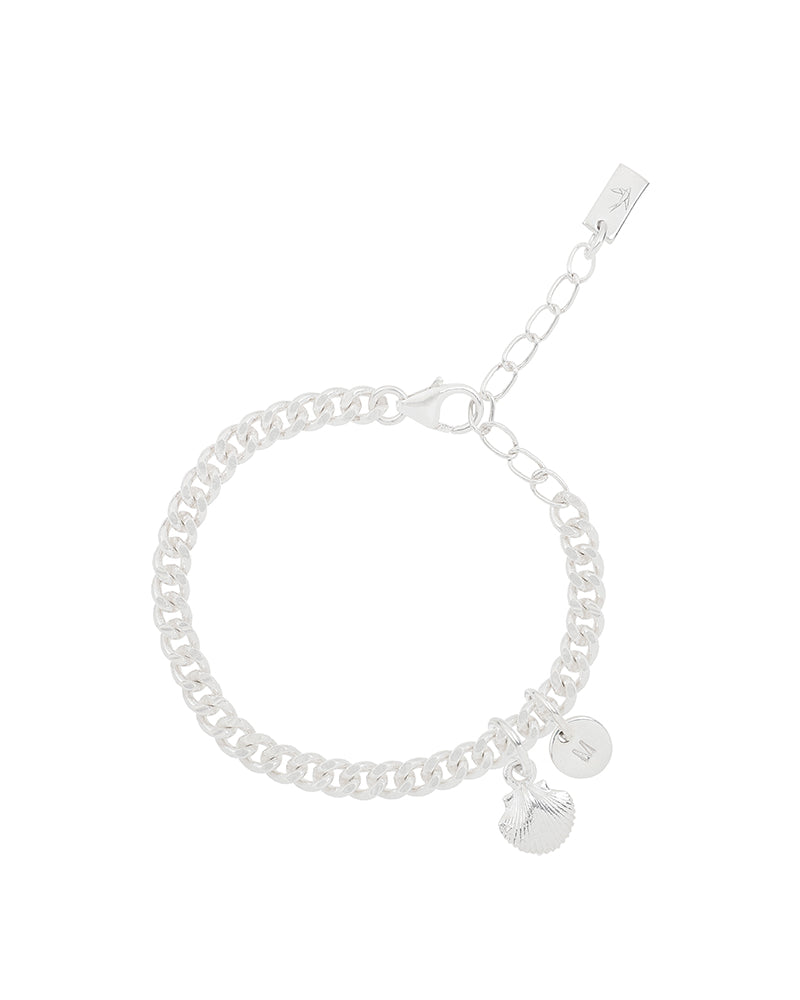 A detailed image of a silver Lace Chain Bracelet with a mermaid shell charm and initial pendant, designed as an elegant piece of fine personalised jewellery.