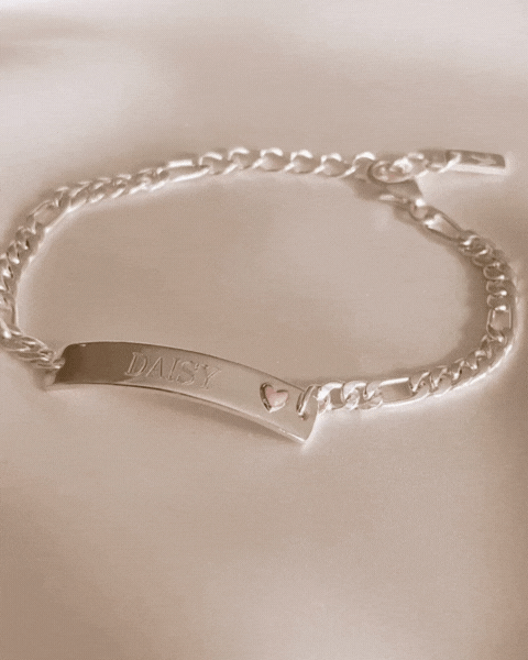 Upclose details of Pink Darling Silver Bracelet with engravement by Bluebird Jewellery.