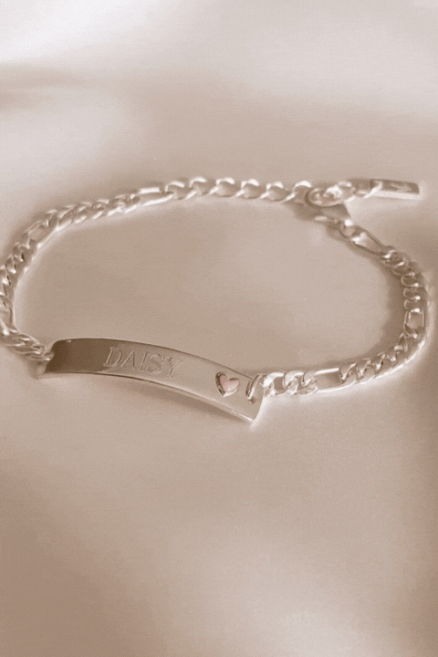 Upclose details of Pink Darling Silver Bracelet with engravement