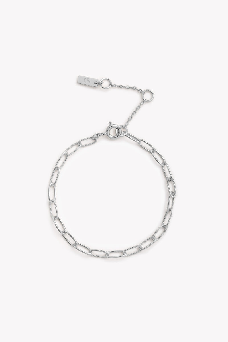 A polished silver bracelet featuring a delicate chain design, displayed on a white background to highlight its craftsmanship.