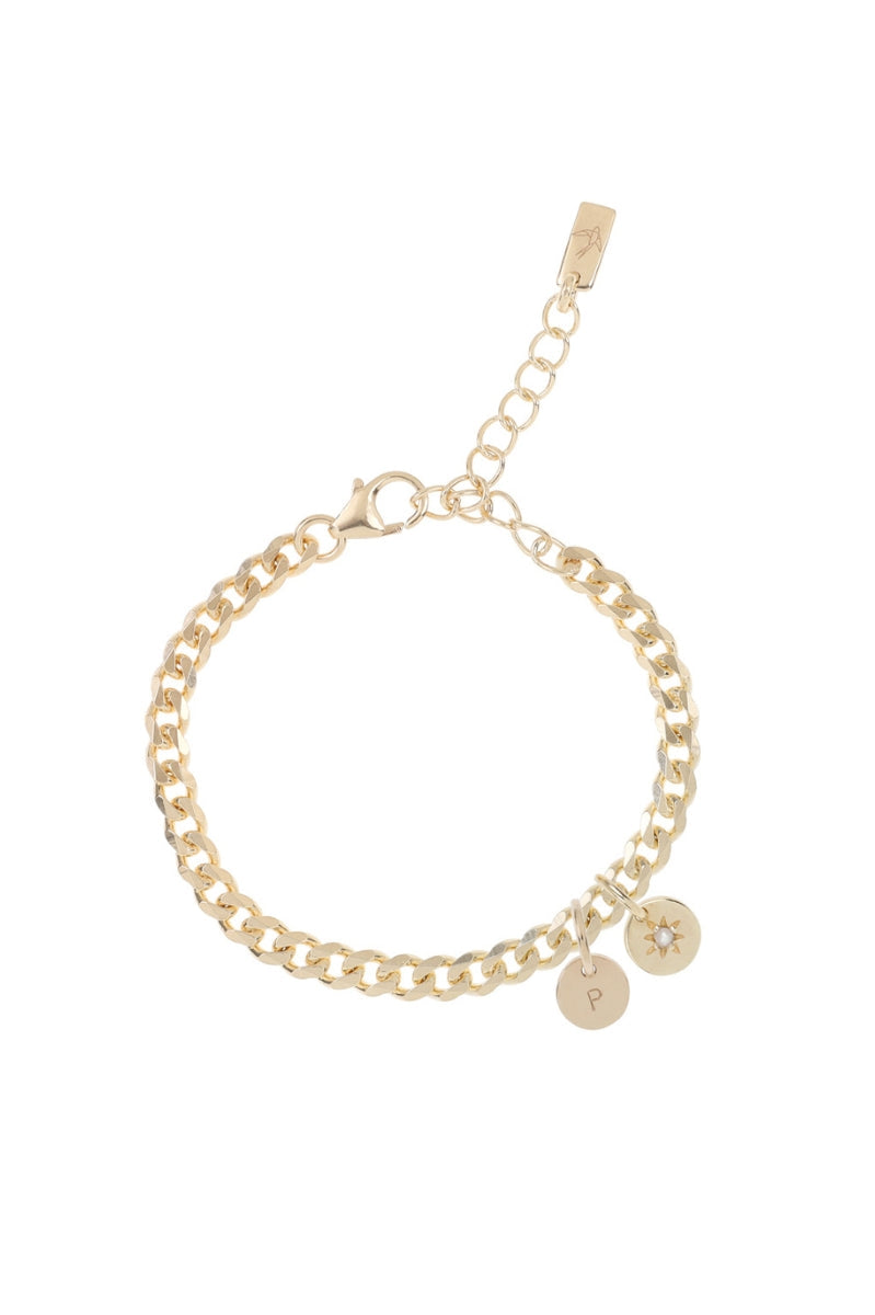 A simple and timeless Cuban Link Chain featuring a single vintage pearl pendant with personalised initial pendat, crafted in elegant fine jewellery style by Bluebird Co
