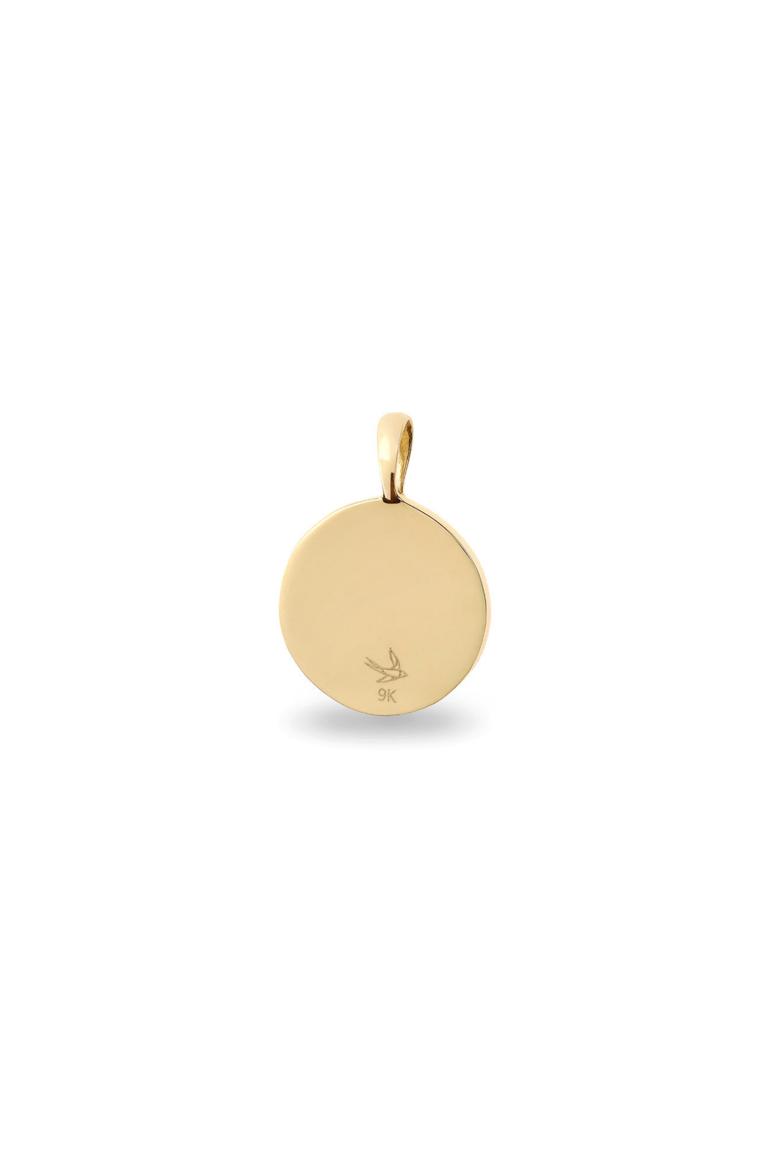 A close-up image of the 9ct gold Soléil Pendant, featuring a radiant round design and complimentary engraving on both sides for a truly personal touch.