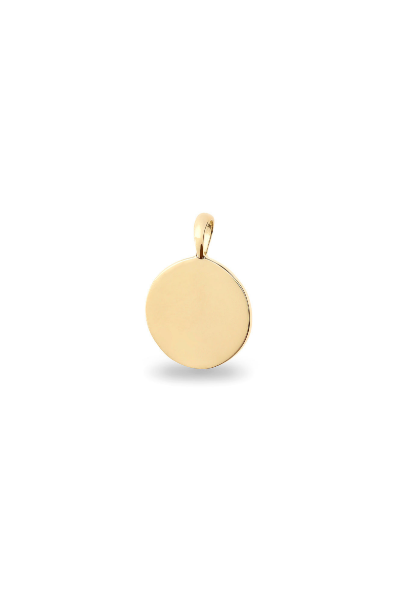 A solid 9ct gold pendant with a polished finish, circular in shape, with a loop for attachment at the top