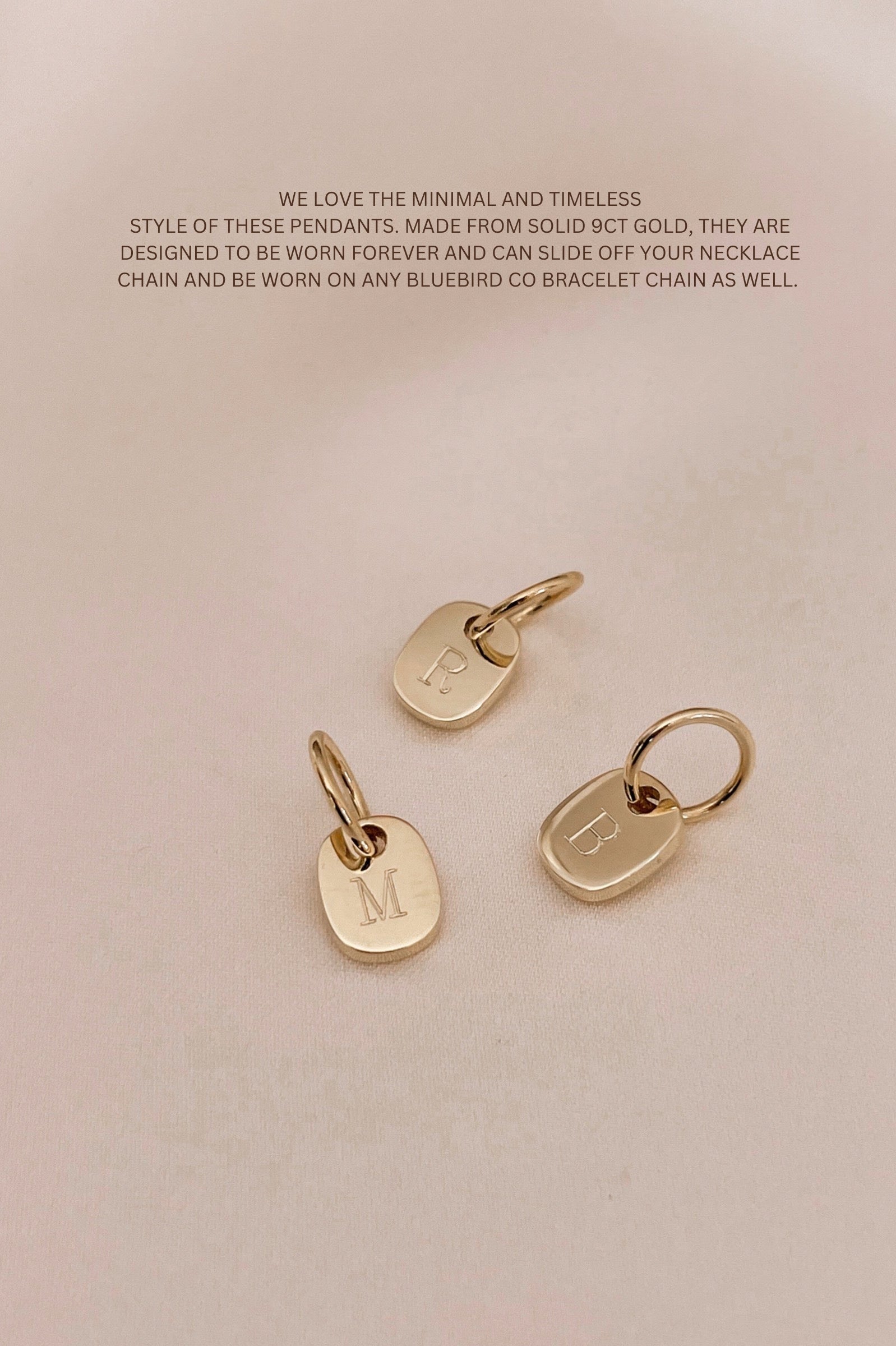 The Soild Gold Mini Rectangular Pendants by Bluebird Jewellery features gentle curves and a luxe, modern silhouette. Personalised with your chosen letter, it embodies feminine elegance and can be worn beautifully on any necklace, bracelet, or anklet chain.