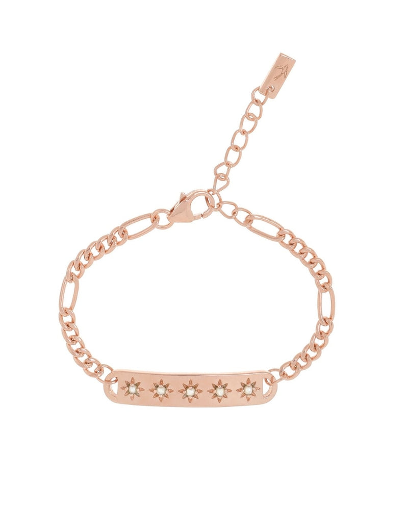 A detailed image of the Darling Heart Bracelet by Bluebird Jewellery, crafted with five petite hearts for a sweet and timeless look, perfect alongside your Bluebird Co collection.