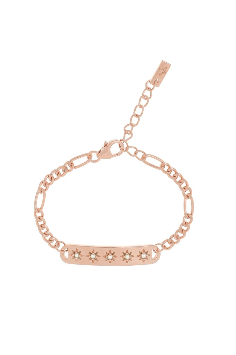 A detailed image of the Darling Heart Bracelet by Bluebird Jewellery, crafted with five petite hearts for a sweet and timeless look, perfect alongside your Bluebird Co collection.