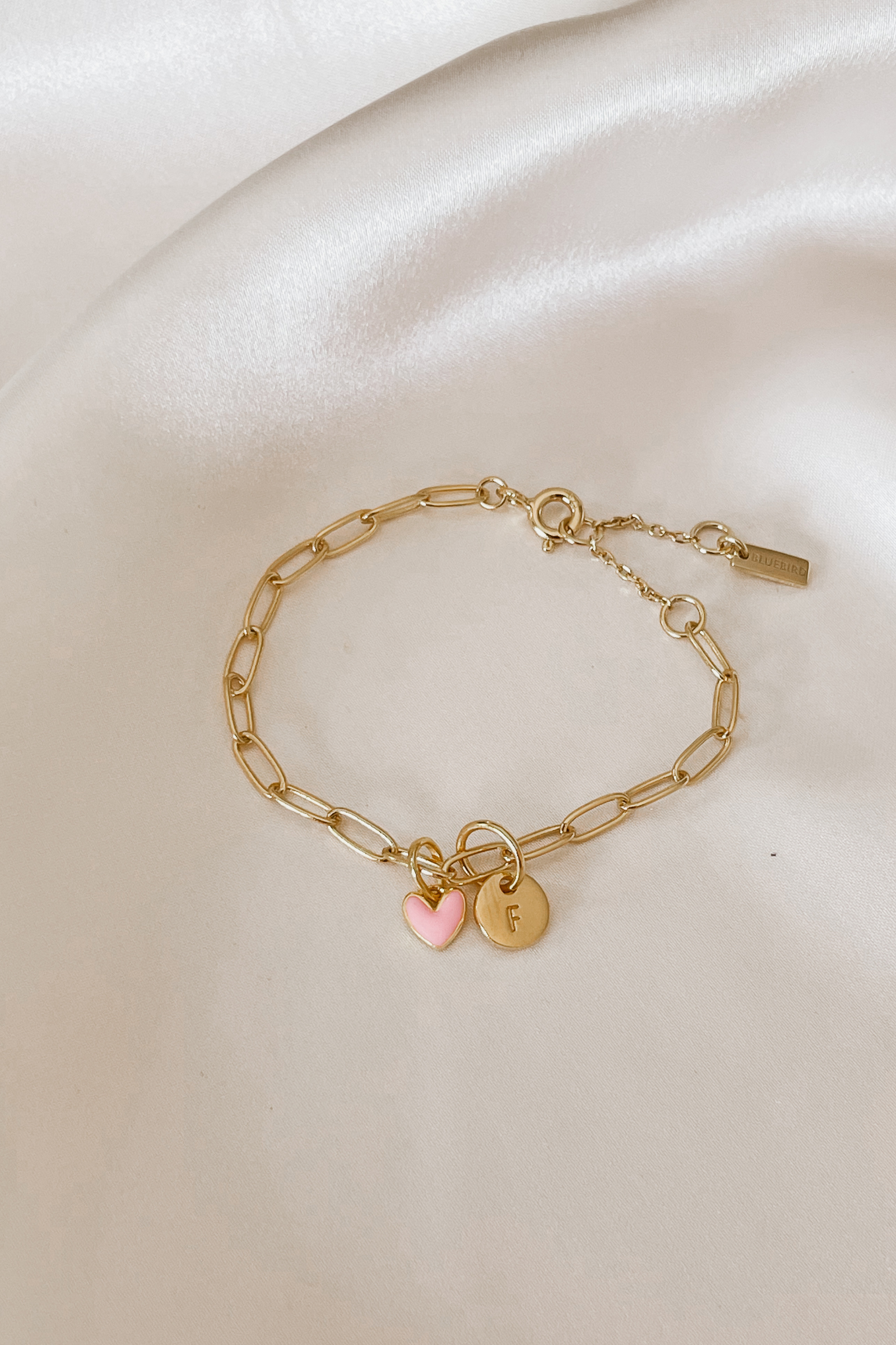Darling Posie Bracelet Gold with engraved disc and pink heart charm, a special personalised jewellery gift