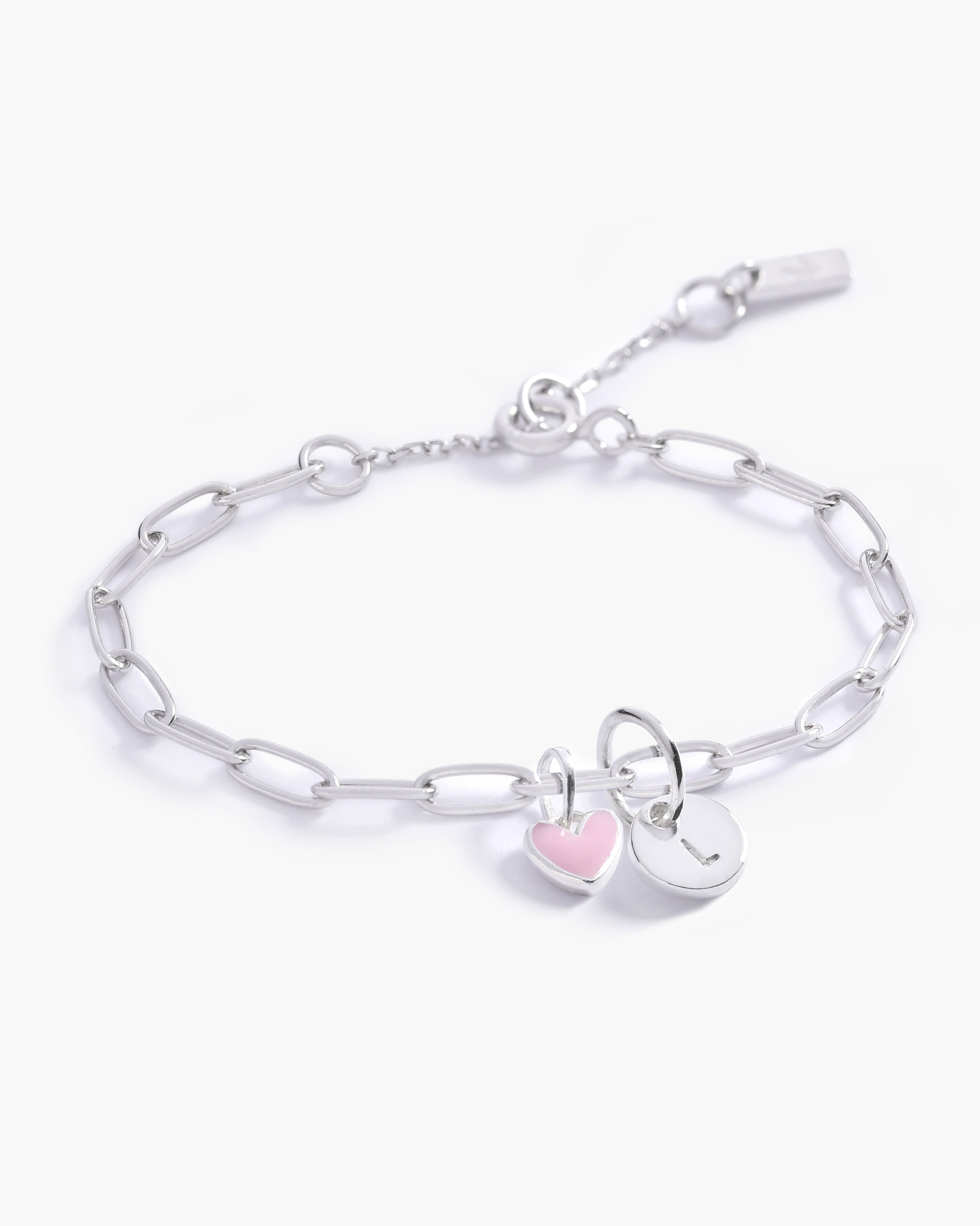 Children and toddler's Darling Posie Bracelet with pink heart charm and silver chain, a timeless personalised gift by Bluebird Jewellery