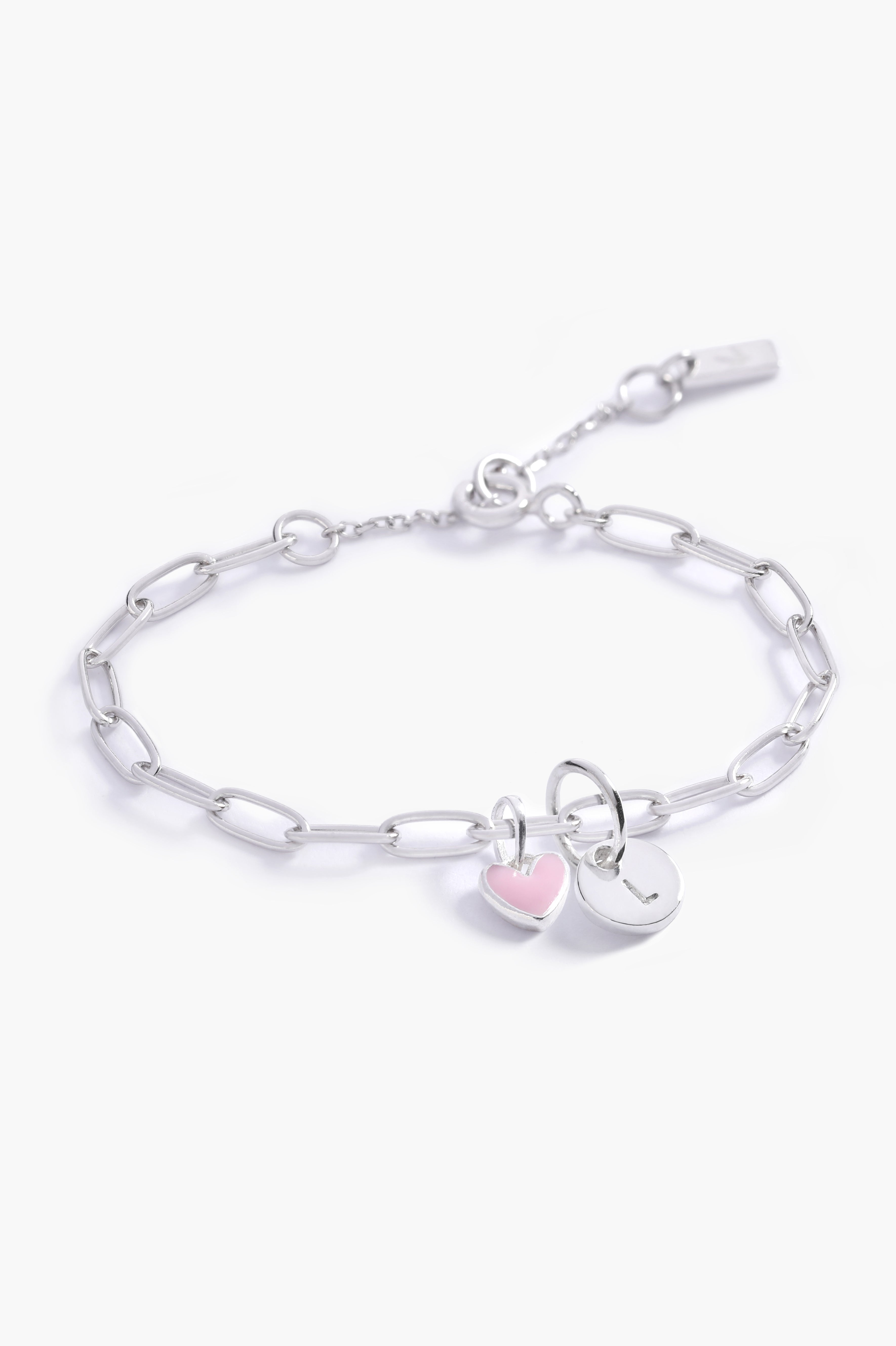 Children and toddler's Darling Posie Bracelet with pink heart charm and silver chain, a timeless personalised gift