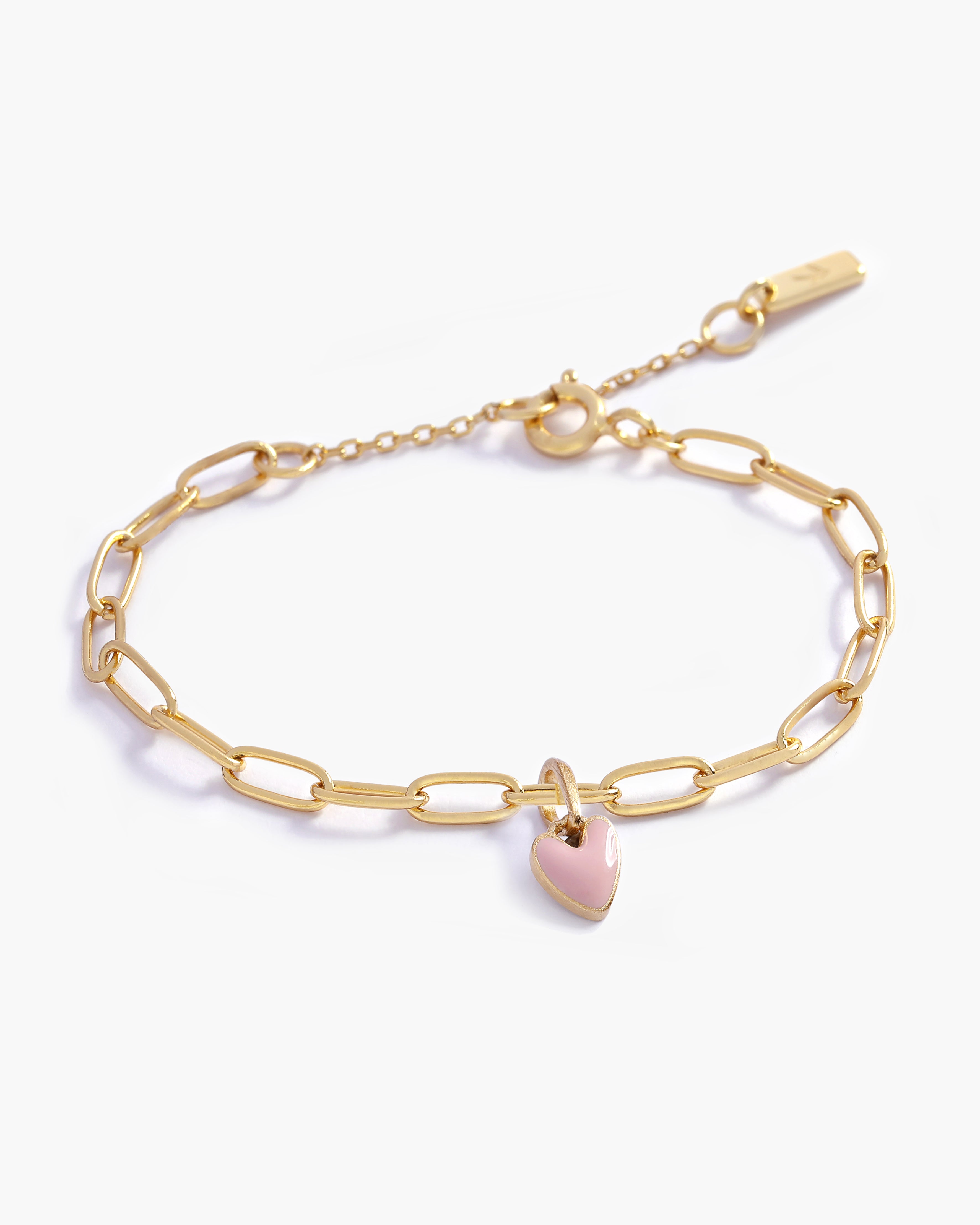 Darling Posie Bracelet with pink heart charm on gold chain, a baby keepsake bracelet. Bluebird Jewellery.