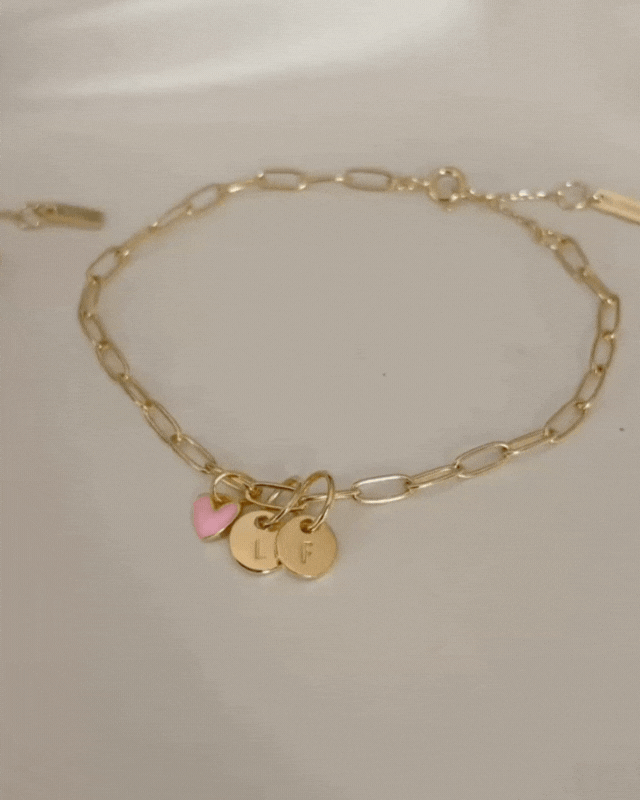 Engraved gold link bracelet with disc charms and pink heart — Darling Posie by Bluebird Jewellery