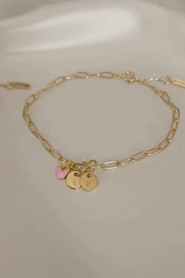 Engraved gold link bracelet with disc charms and pink heart — Darling Posie by Bluebird Jewellery