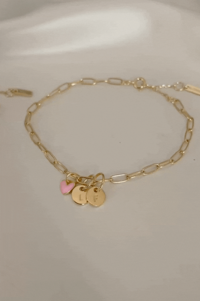 Engraved gold link bracelet with disc charms and pink heart — Darling Posie by Bluebird Jewellery