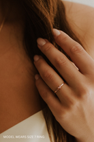 Rose gold heart ring worn on hand, showing dainty fit and shine.