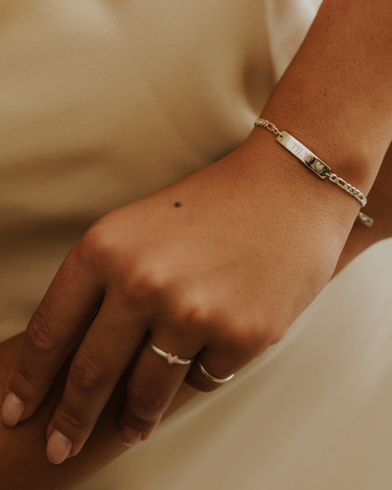 Darling Ring Silver worn with engraved bracelet, personalised jewellery for women and children