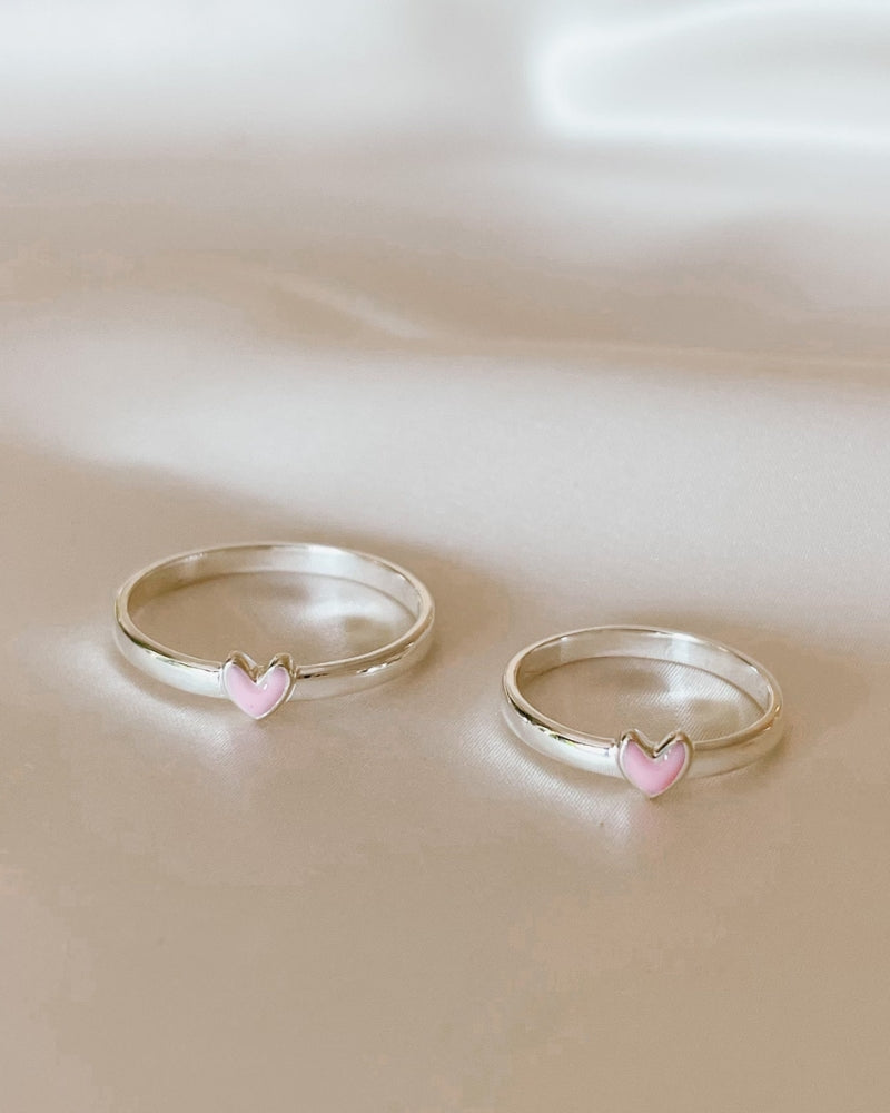 Darling Ring Silver duo with pink hearts, matching engraved rings for gifting and keepsake pieces.