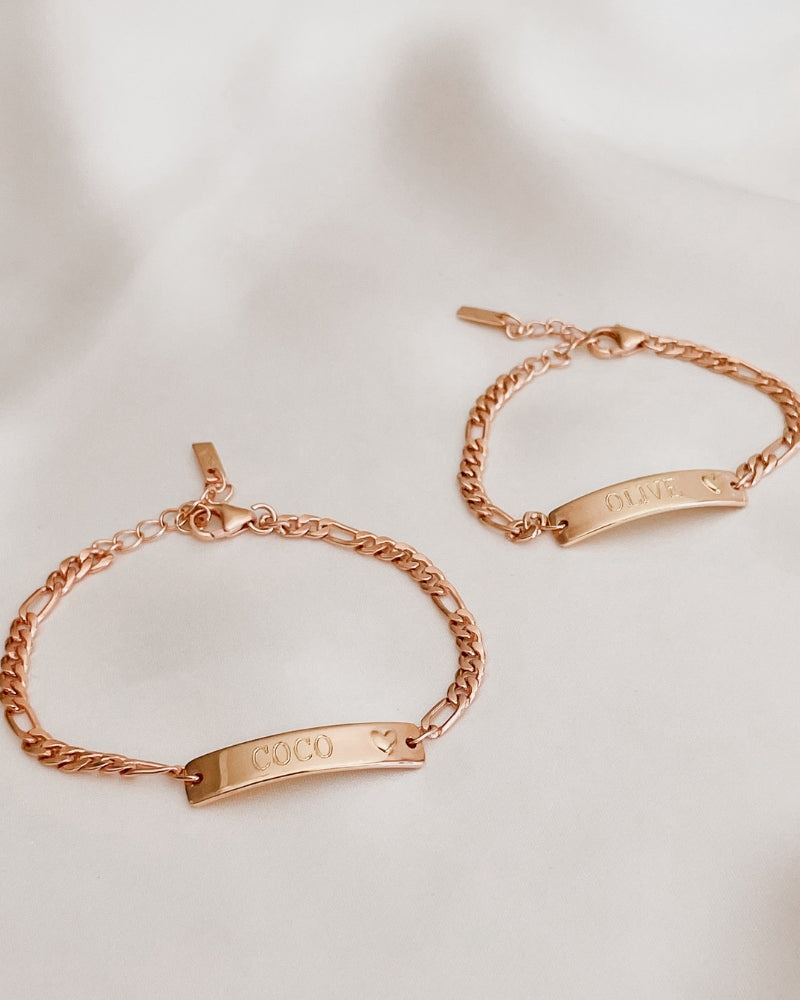 Matching set of Darling Rose Gold Bracelets in two sizes, both engraved and designed for little wrists by Bluebird Jewellery.