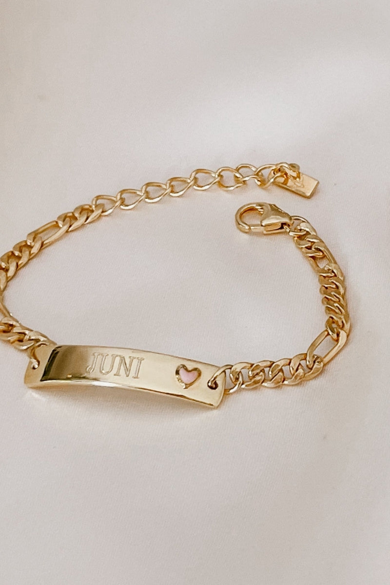 Engraved Pink Darling Gold bracelet with pink heart—personalised jewellery for babies, children, or meaningful gifting by Bluebird Jewellery.