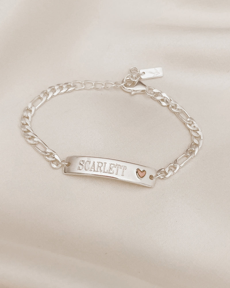 Engraved Pink Darling Silver Bracelet with personalised jewellery for gifting and everyday wear by Bluebird Jewellery.