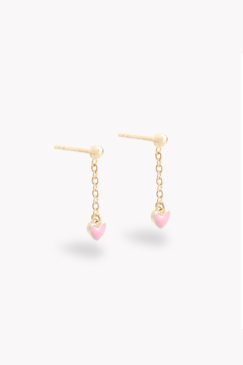 Engraved gold drop earrings with pink heart charm, suitable for everyday wear – gold drop earrings with pink heart pendant.