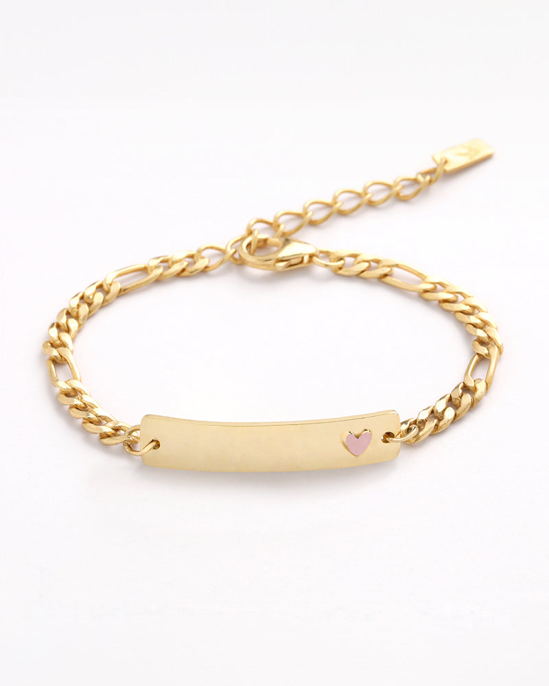 Personalised gold bracelet with blank engraving and pink heart—custom jewellery gift for babies, toddlers, or young kids by Bluebird Jewellery.