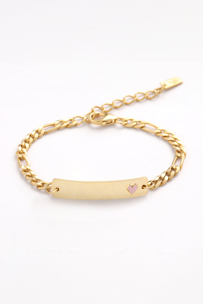 Personalised gold bracelet with blank engraving and pink heart—custom jewellery gift for babies, toddlers, or young kids.