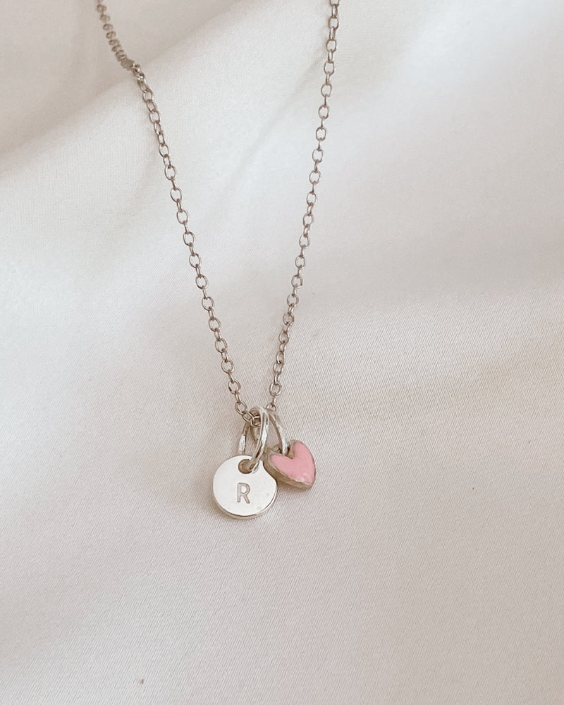 Petite Darling Silver necklace with engraved round disc and pink heart pendant on fine chain
