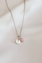Petite Darling Silver necklace with engraved round disc and pink heart pendant on fine chain