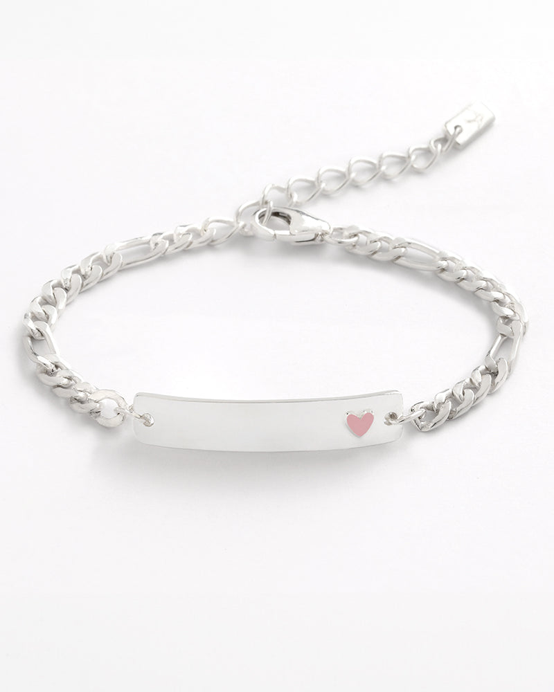 Pink Darling Silver Bracelet with engraved bar and pink heart, designed for babies, kids, or adults as a timeless keepsake by Bluebird Jewellery.
